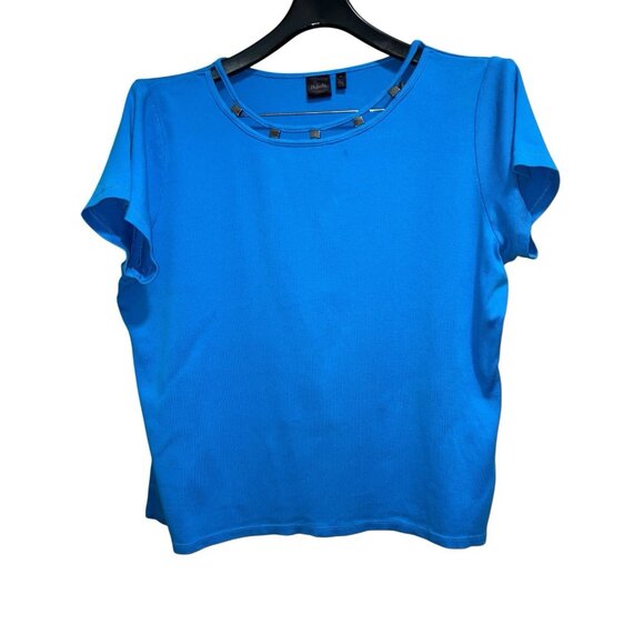 Rafaella Studio Womens Top 2X Blue Short Sleeve Studded Neckline 100% Cotton - Picture 1 of 6